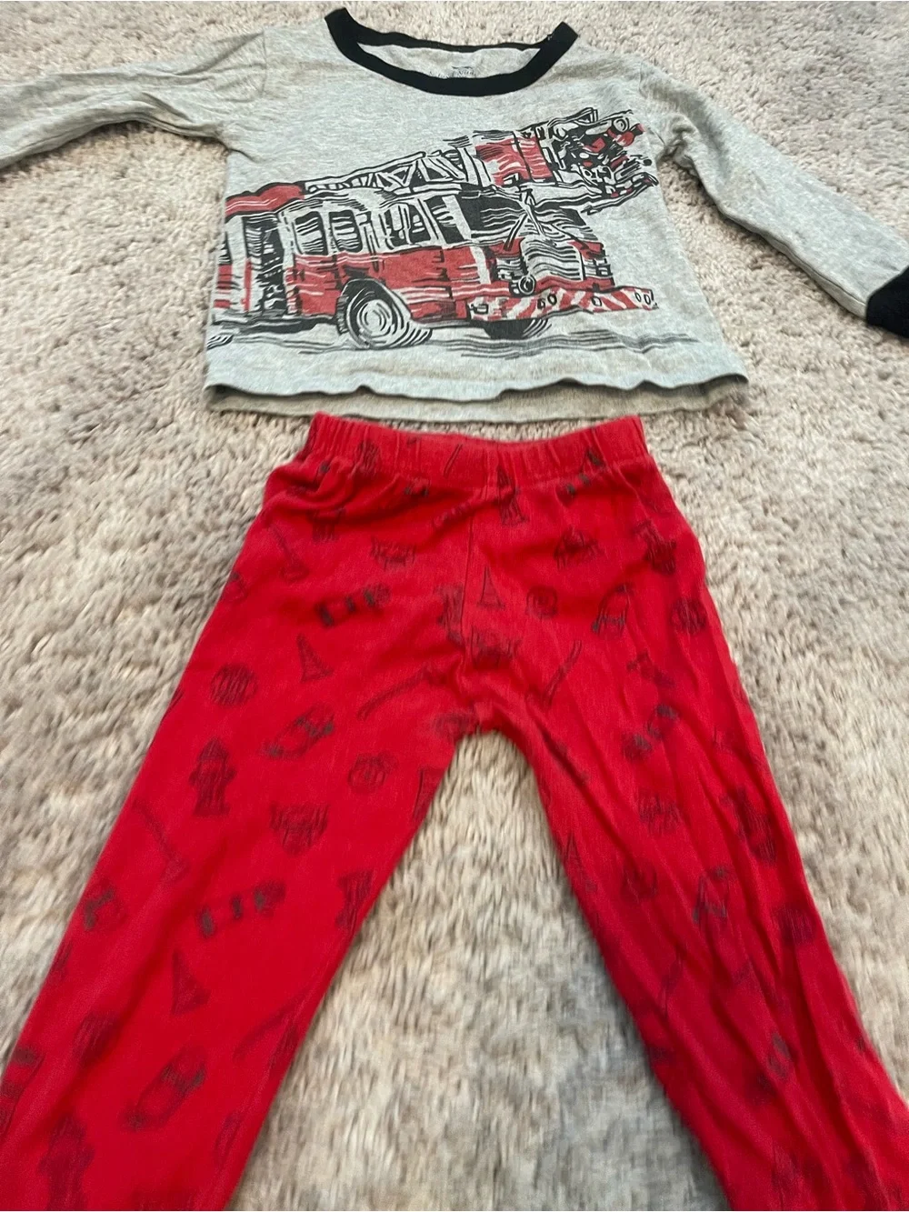 Kids Red Firetruck Pajama Set with Gray Top